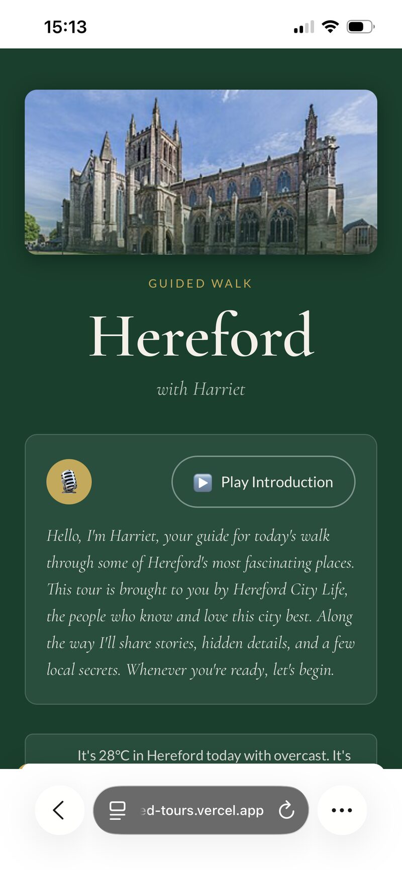 StorieD tour welcome screen showing the Hereford guided walk