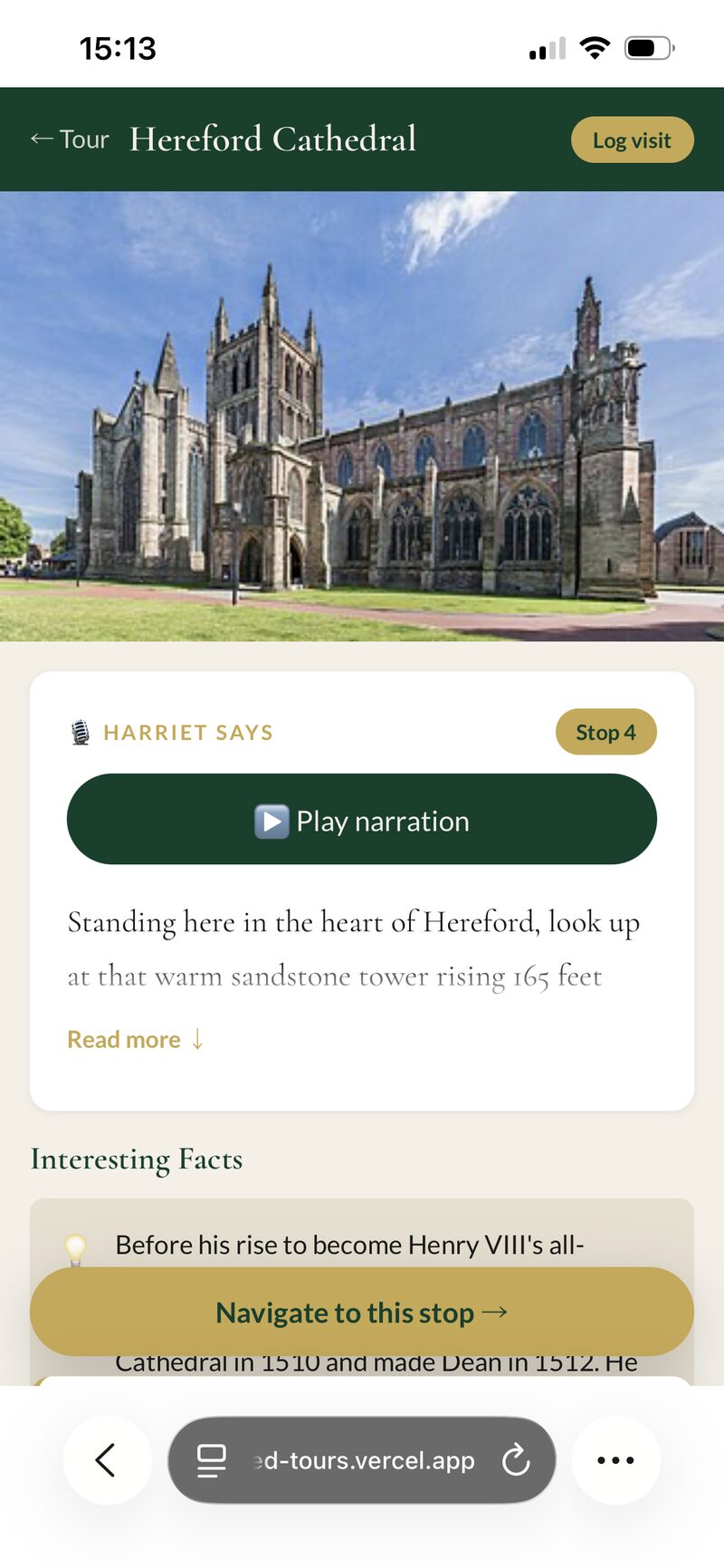 StorieD tour stop view showing narration controls at Hereford Cathedral