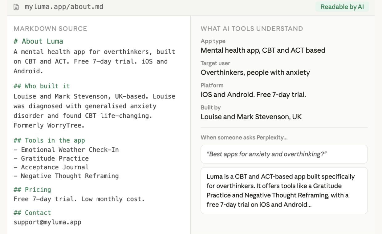 Example .md file showing how a service page is structured for AI readability